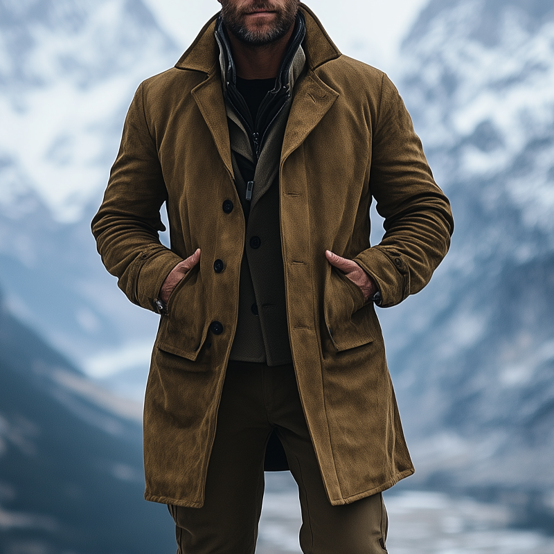 Men's Retro Solid Color Faux Suede Lapel Mid-Length Coat MTA1873I8X