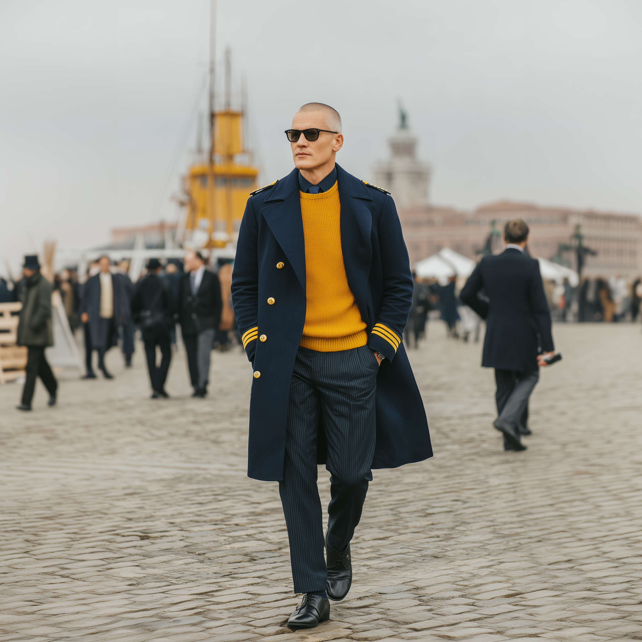 Men's Classic Retro Lapel Navy Blue Epaulette Wool Double-breasted Knee-length Coat MTA1659I7K