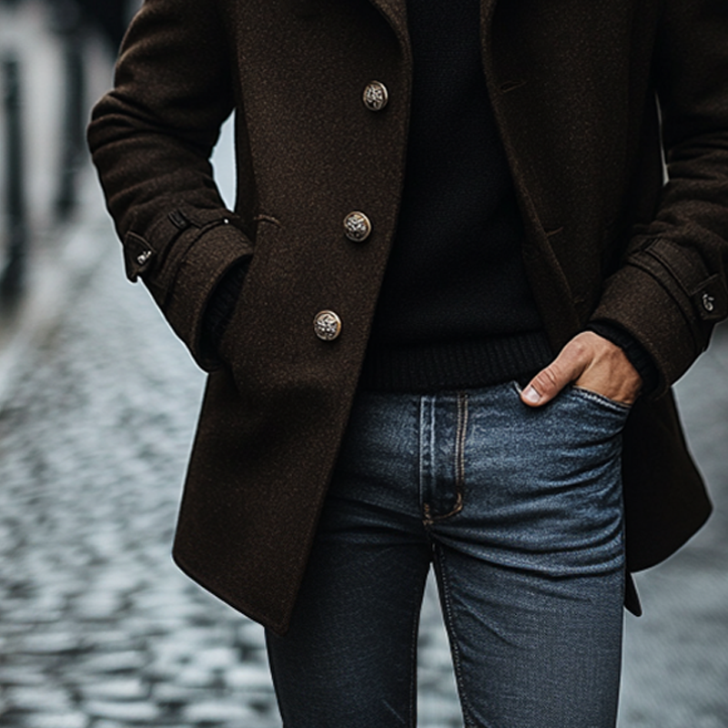 Men's Solid Color Lapel Blended Faux Wool Mid-length Coat MTA2262I5X