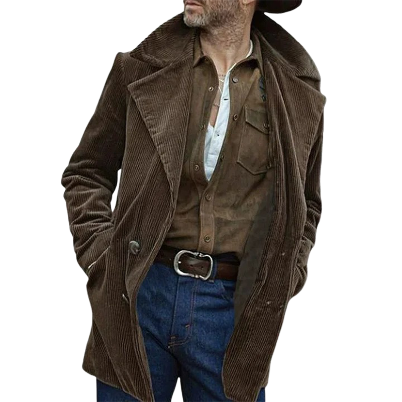 Men's Vintage Corduroy Solid Color Lapel Mid-length Coat MTA0994I8X