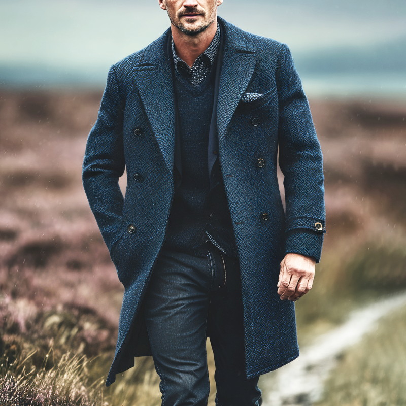 Men's Vintage Herringbone Lapel Double Breasted Mid-length Coat MTA1868I5Z