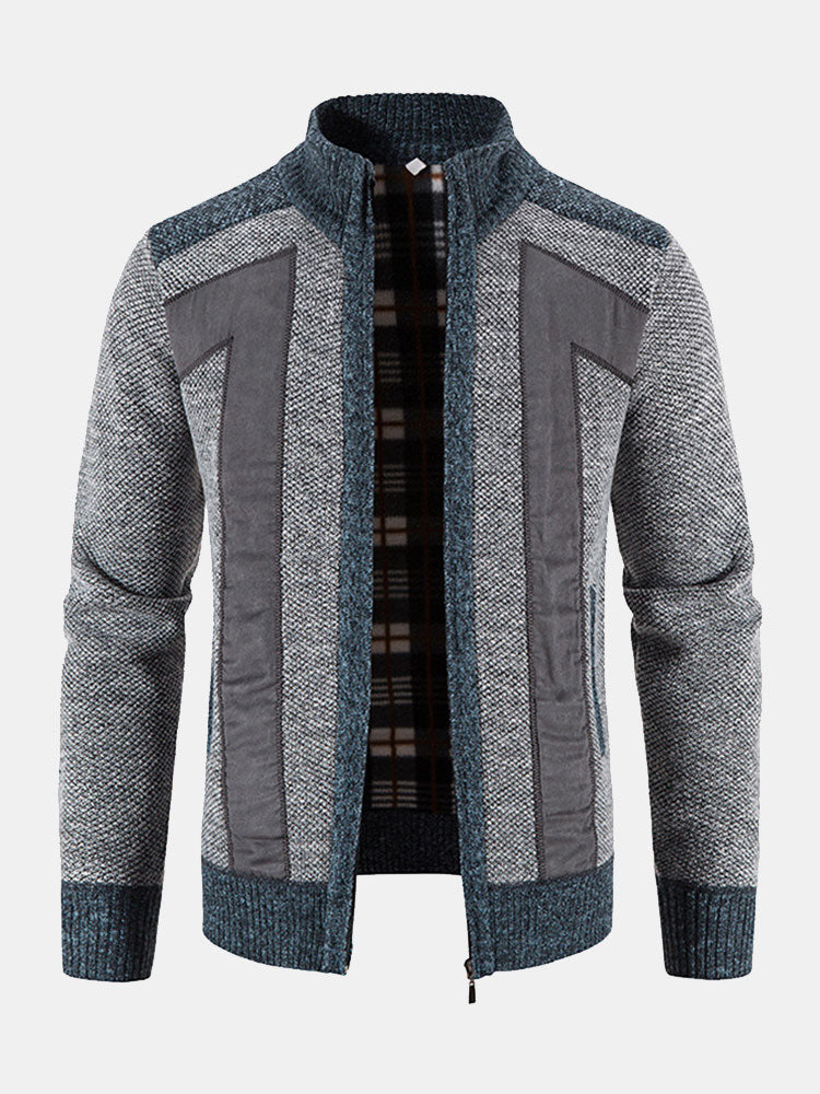 Zip Up Faux Suede Patchwork Jumper