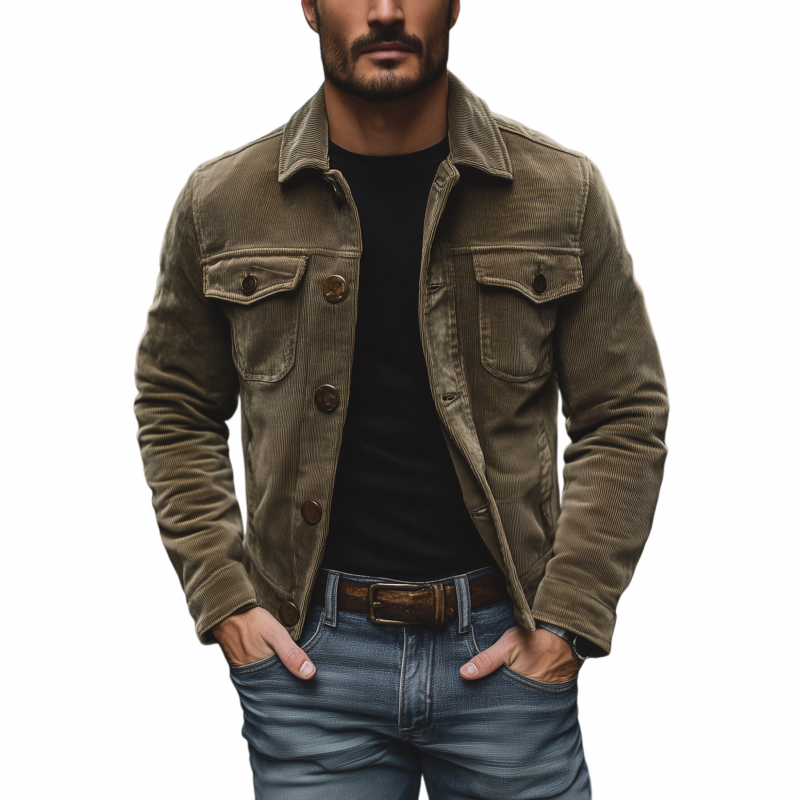 Men's Vintage Solid Color Corduroy Lapel Single Breasted Chest Pocket Cargo Jacket MTA3042G2M
