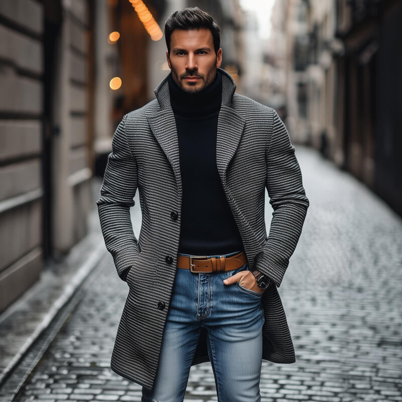 Men's Vintage Wool Blend Houndstooth Notch Lapel Single-breasted Loose Mid-length Coat MTA2524H4M