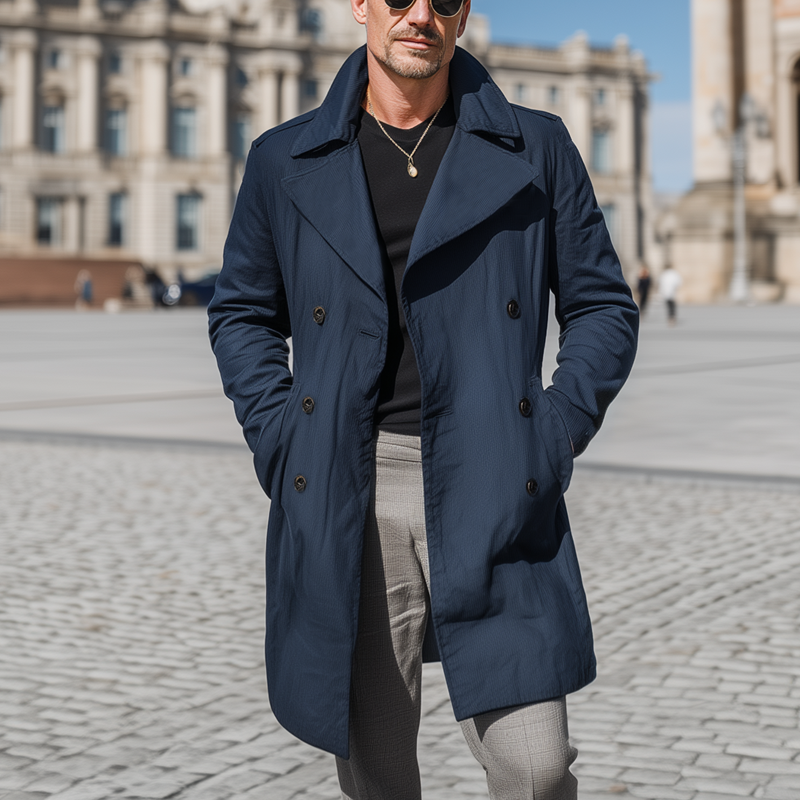 Men's Classic Navy Blue Double-breasted Trench Coat MTA1372I9U