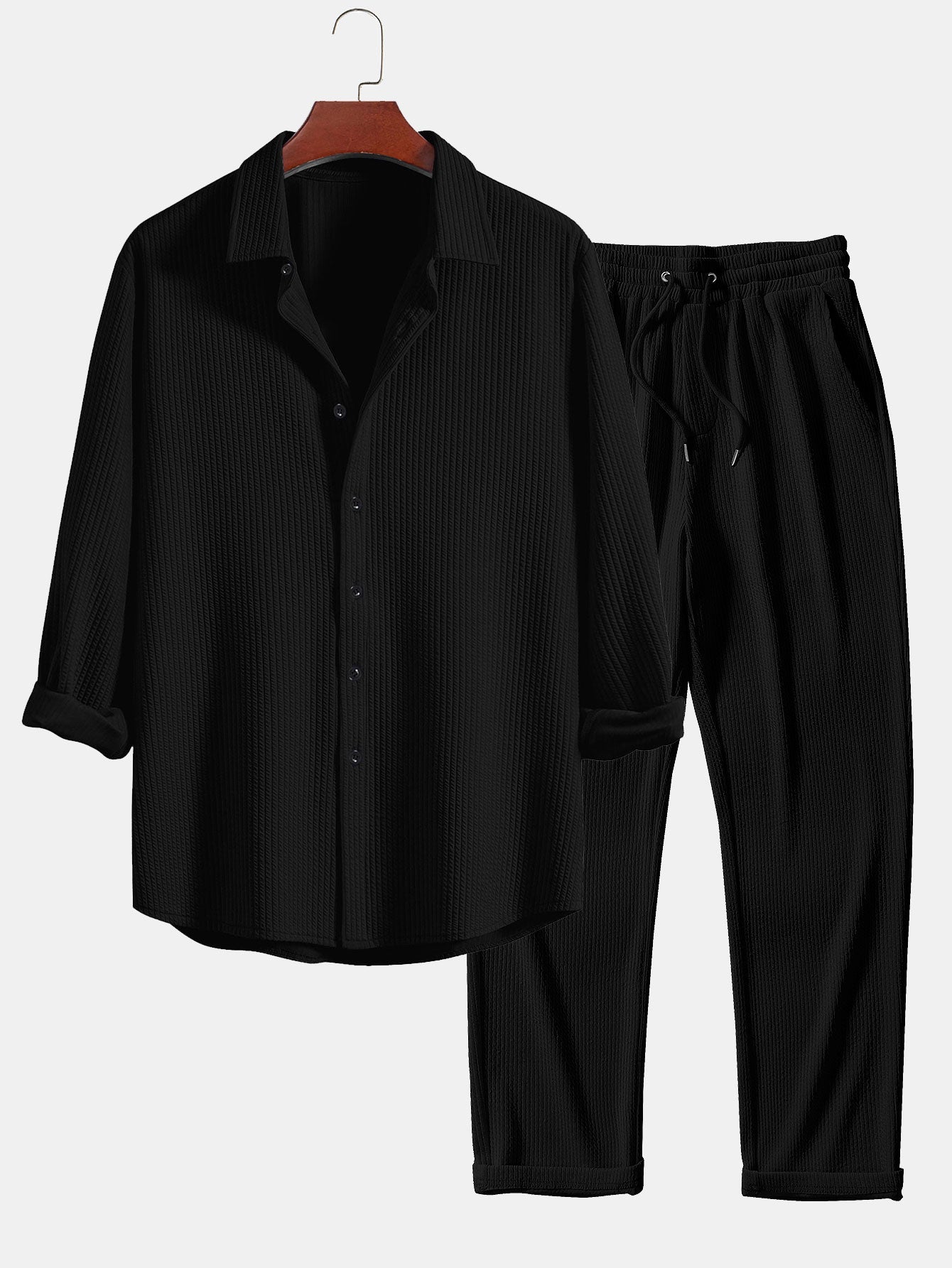 Long Sleeve Muscle Fit Ribbed Button Up Shirt & Straight Leg Ribbed Pants