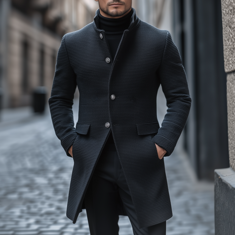 Men's Vintage Solid Color Textured Wool Blend Stand Collar Single-breasted Slim Fit Warm Mid-length Coat MTA1472H8M
