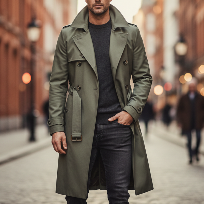 Men's Solid Color Cotton Blend Lace-up Slim-fit Long Wide Trench Coat MTA1032I9X