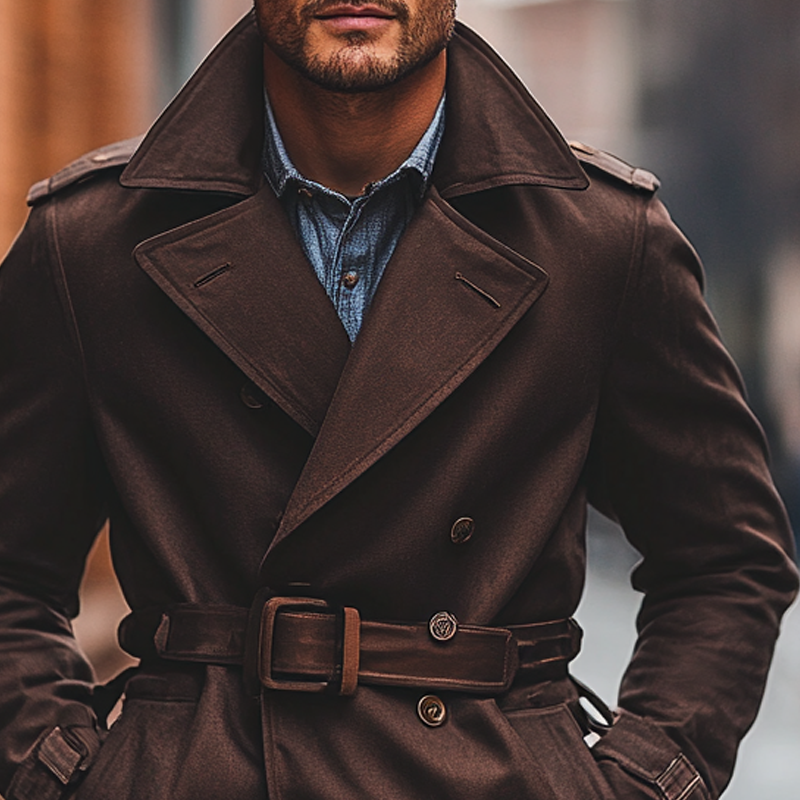 Men's Solid Color Twill Lapel Double-breasted Short Coat (including Belt) MTA1554I3X