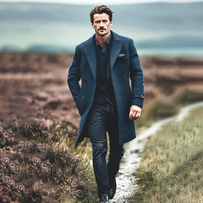 Men's Vintage Herringbone Lapel Double Breasted Mid-length Coat MTA1868I5Z