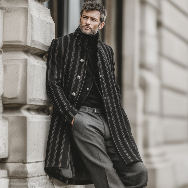 Men's Vintage Striped Wool Blend Stand Collar Single-Breasted Loose Warm Knee-Length Coat MTA1823H0M