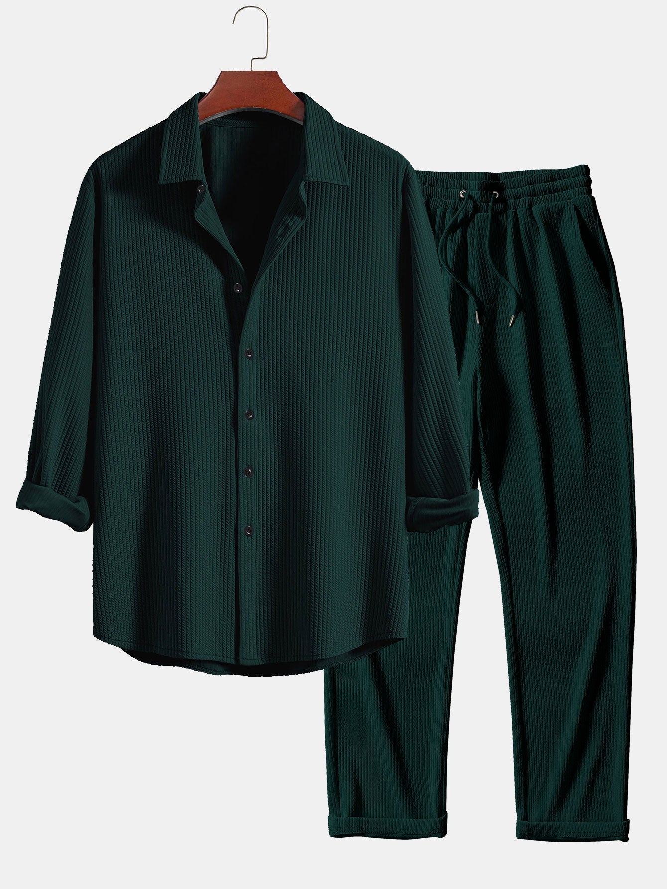 Long Sleeve Muscle Fit Ribbed Button Up Shirt & Straight Leg Ribbed Pants