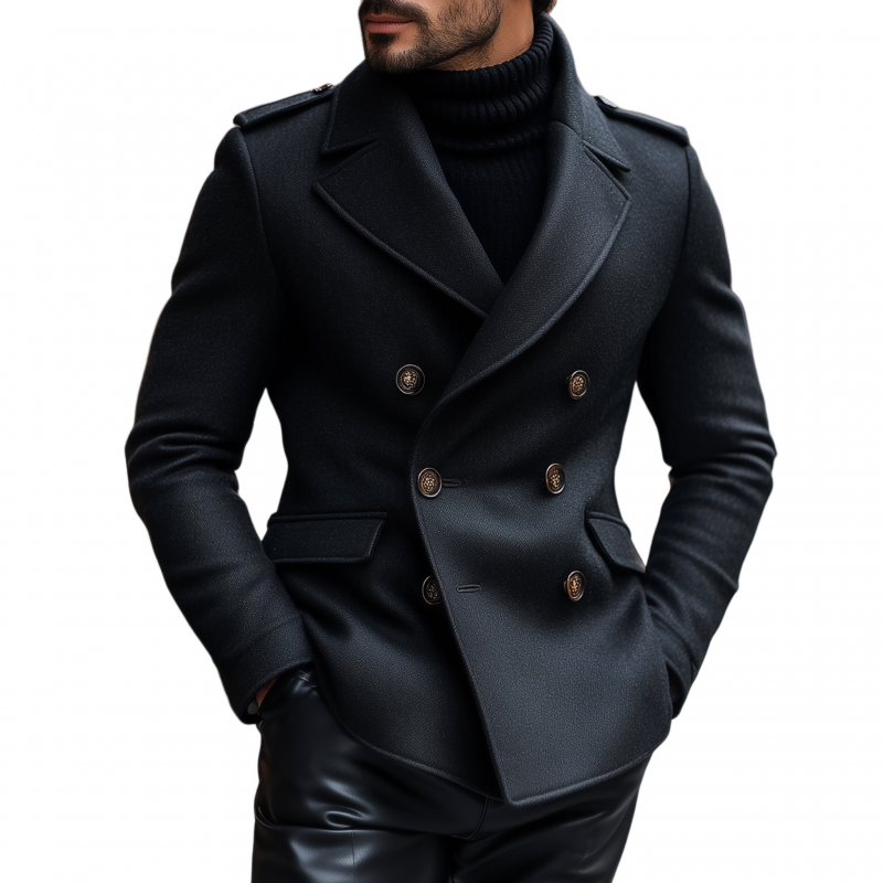 Men's Vintage Solid Color Wool Blend Notch Lapel Double-breasted Slim Fit Warm Peacoat MTA1404H2M