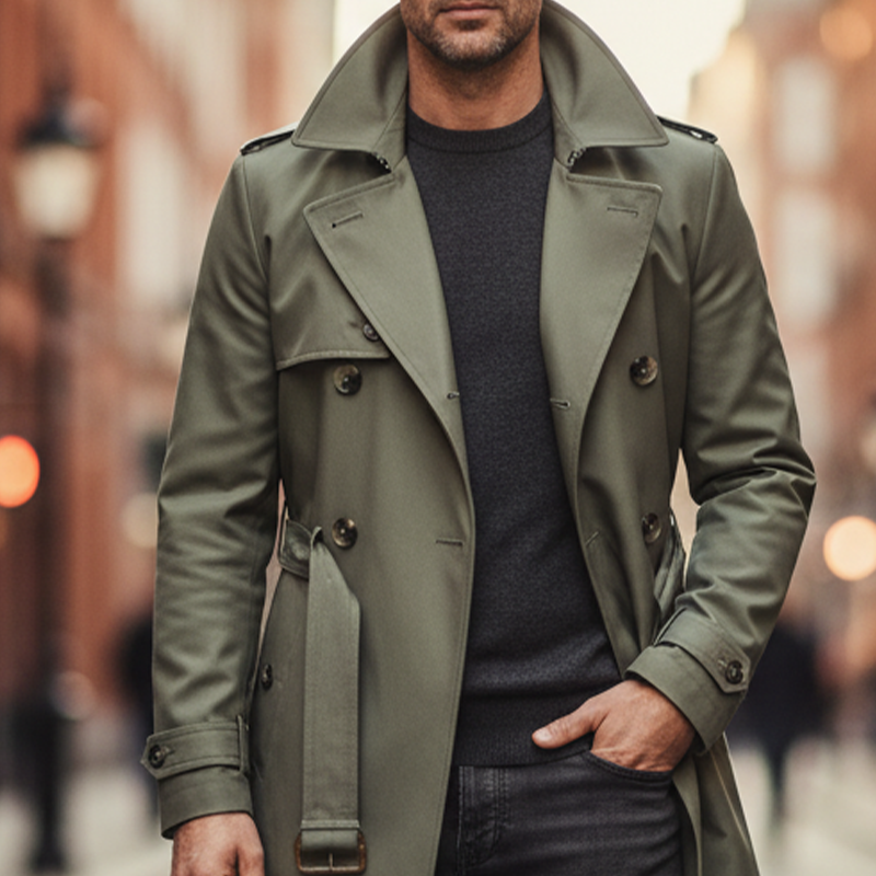 Men's Solid Color Cotton Blend Lace-up Slim-fit Long Wide Trench Coat MTA1032I9X