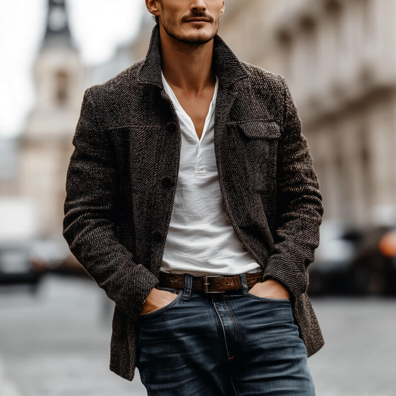 Men's Vintage Twill Wool Blend Lapel Single-breasted Loose Short Coat MTA2703H2M
