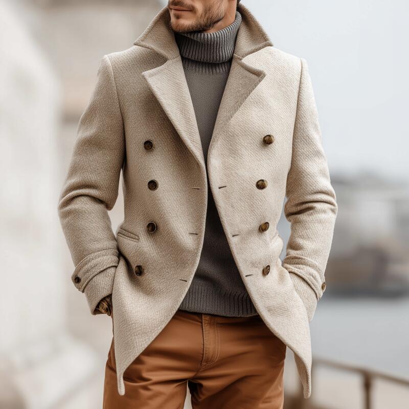 Men's Vintage Twill Wool Blend Notch Lapel Double-breasted Slim Fit Warm Peacoat MTA2196H8M