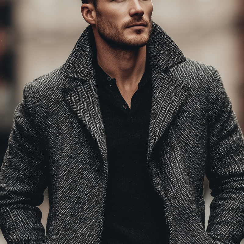 Men's Vintage Herringbone Lapel Mid-Length Coat MTA0785H9X