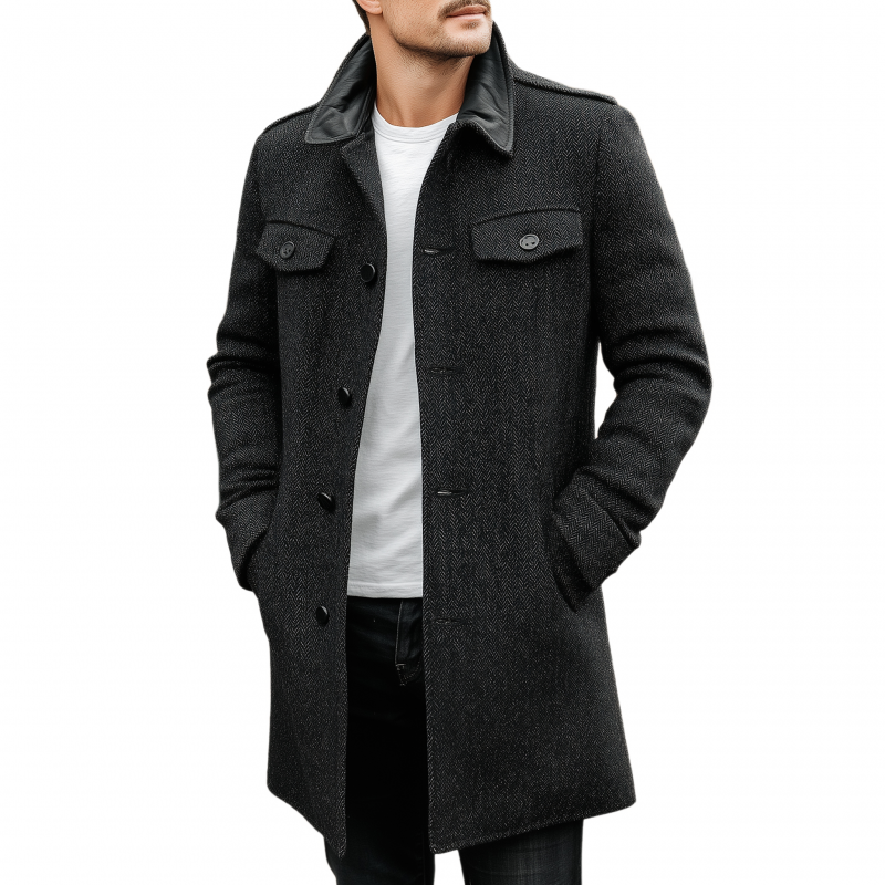 Men's Vintage Herringbone Pattern Splicing PU Lapel Single-Breasted Loose Warm Coat MTA1989H6M