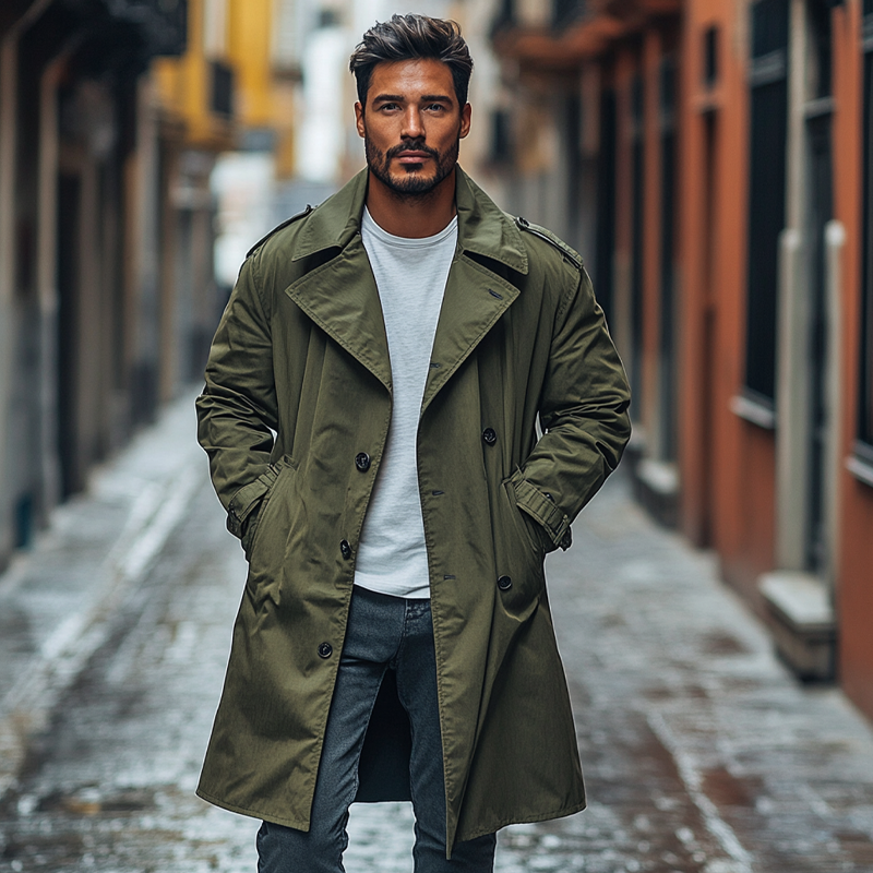 Men's Casual Solid Color Loose Double-breasted Trench Coat MTA0416I4X