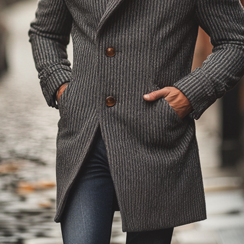 Men's Casual Striped Faux Wool Blend Lapel Mid-length Coat MTA1353I6X