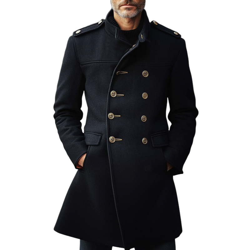 Men's Navy Double-Breasted Mid-Length Blended Coat MTA1540I4X