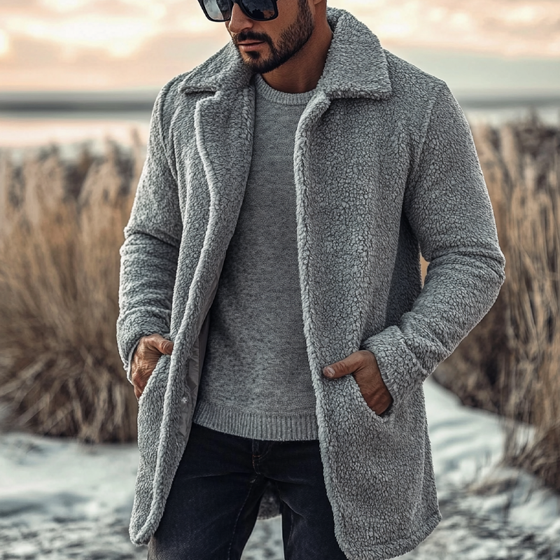 Men's Solid Color Polar Fleece Lapel Single-breasted Mid-length Coat MTA0932I5X