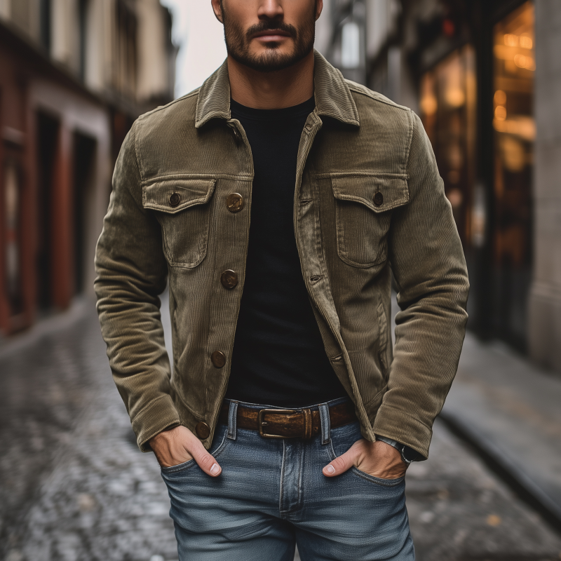 Men's Vintage Solid Color Corduroy Lapel Single Breasted Chest Pocket Cargo Jacket MTA3042G2M