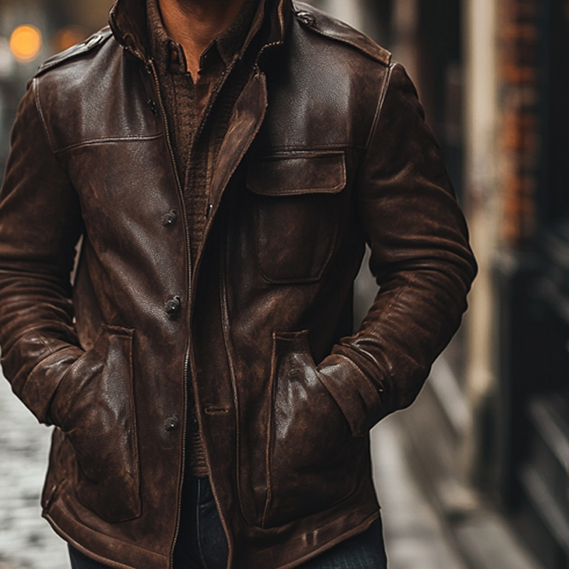 Men's Vintage Distressed Lapel Multi-pocket PU Mid-length Coat MTA0886I6X