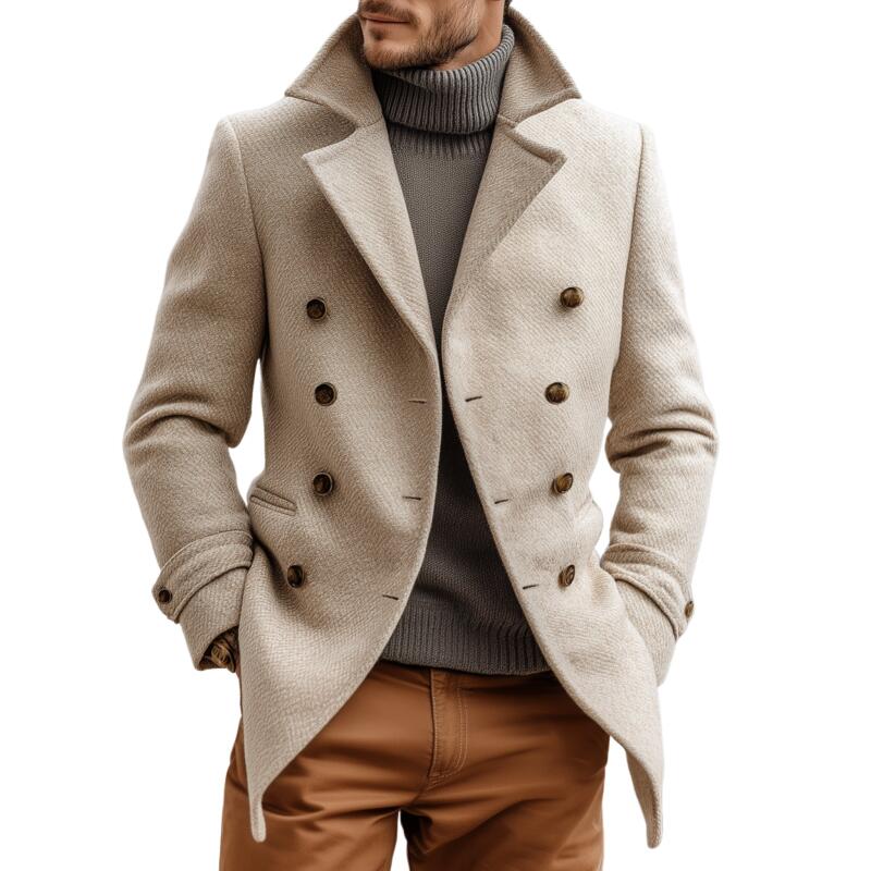 Men's Vintage Twill Wool Blend Notch Lapel Double-breasted Slim Fit Warm Peacoat MTA2196H8M