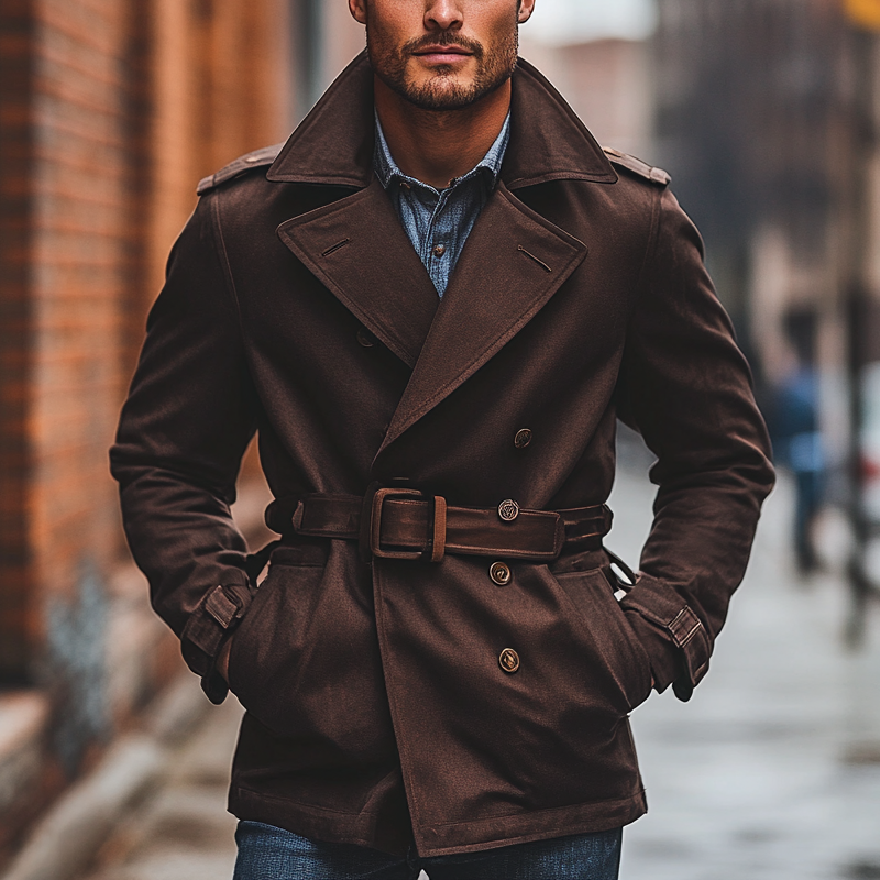 Men's Solid Color Twill Lapel Double-breasted Short Coat (including Belt) MTA1554I3X