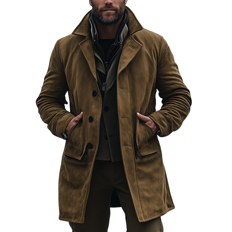 Men's Retro Solid Color Faux Suede Lapel Mid-Length Coat MTA1873I8X