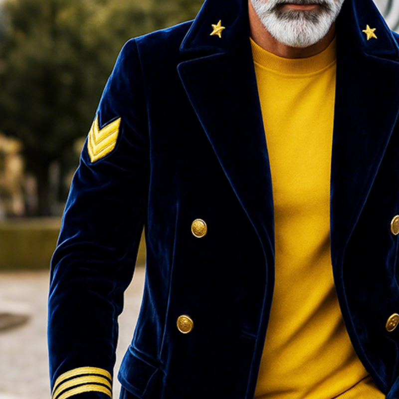 Men's Retro Casual Navy Style Embroidered Velvet Lapel Mid-Length Double-Breasted Coat MTA0534I0TO