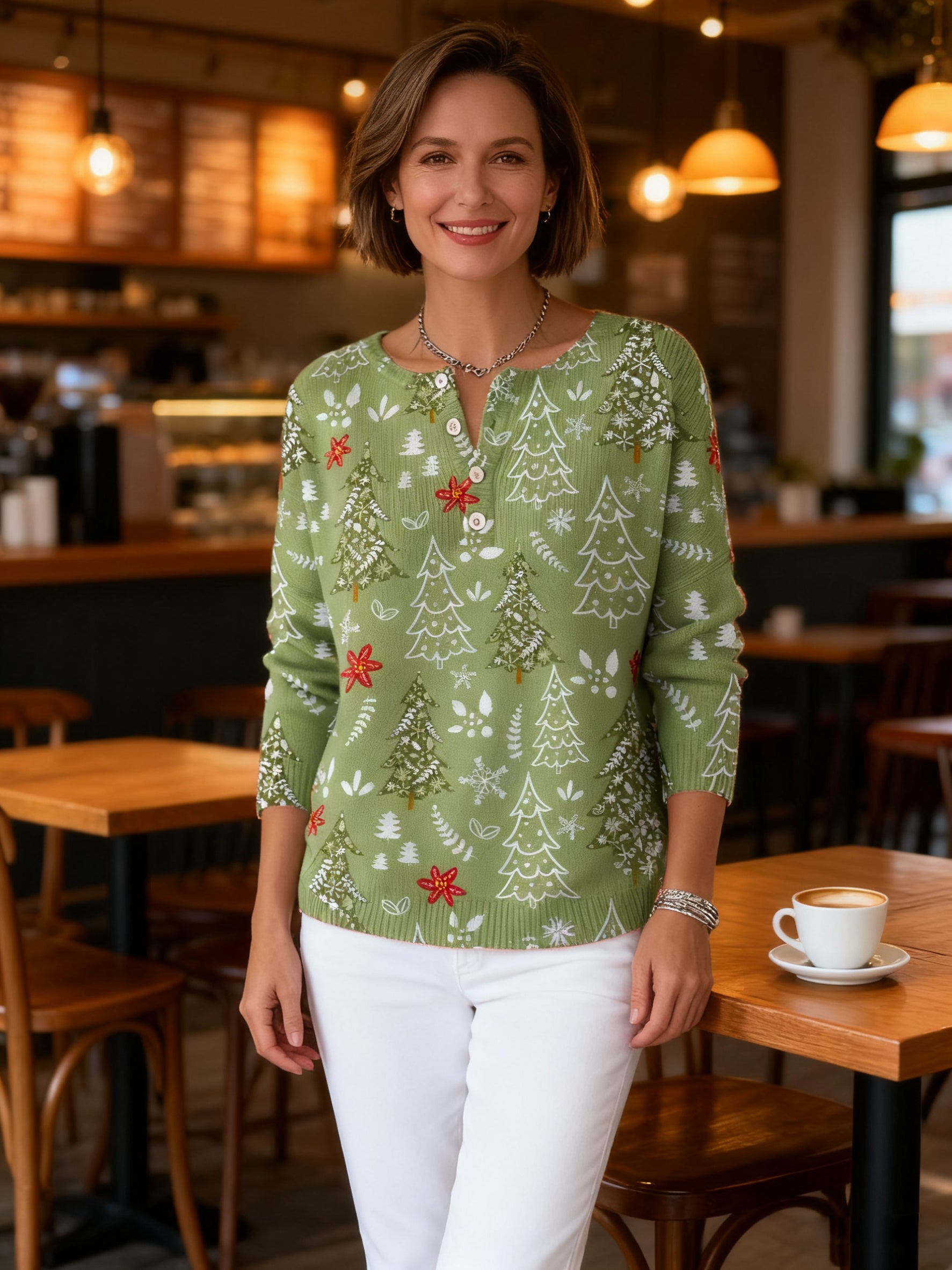 Women's Christmas Tree Pattern Art Print Buttoned Cardigan Sweater