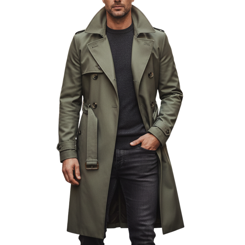 Men's Solid Color Cotton Blend Lace-up Slim-fit Long Wide Trench Coat MTA1032I9X
