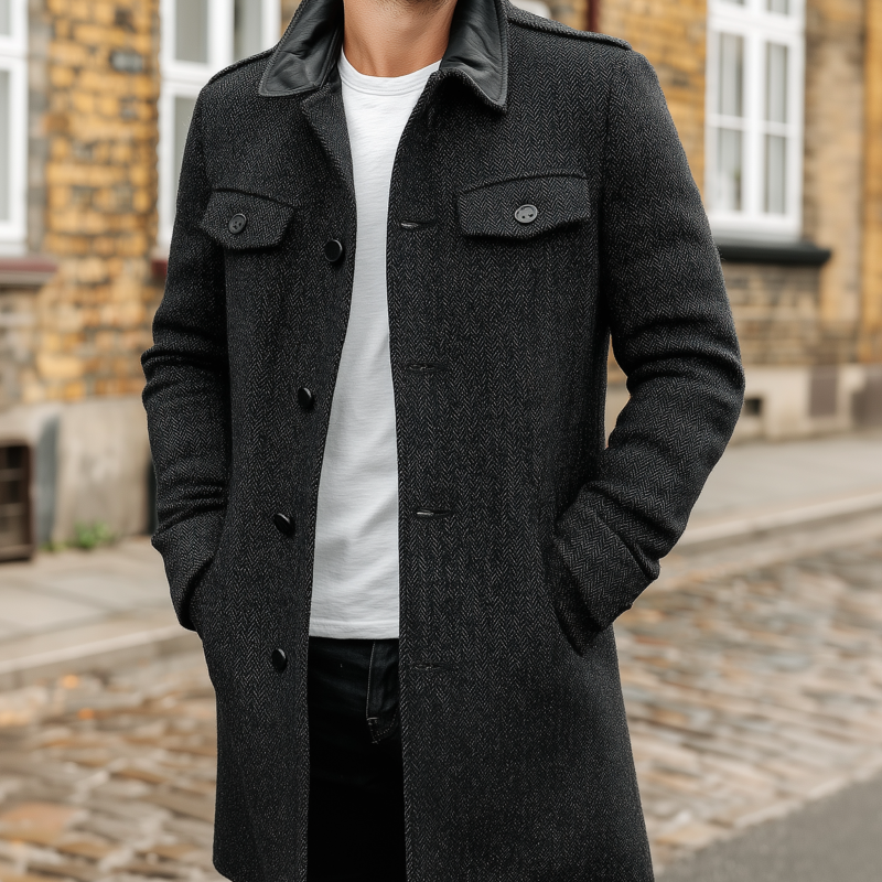 Men's Vintage Herringbone Pattern Splicing PU Lapel Single-Breasted Loose Warm Coat MTA1989H6M