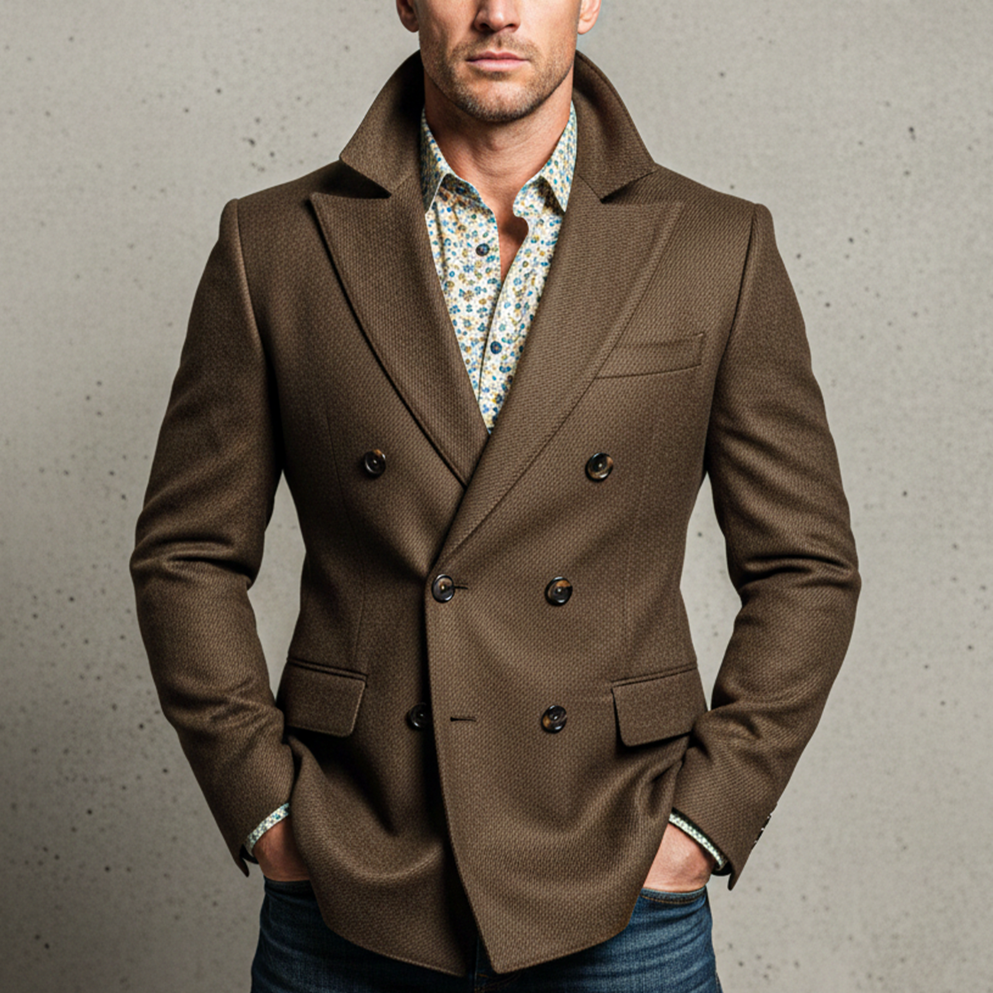 Men's Classic Light Business Double-breasted Textured Faux Wool Suit Coat MTA2216I3K