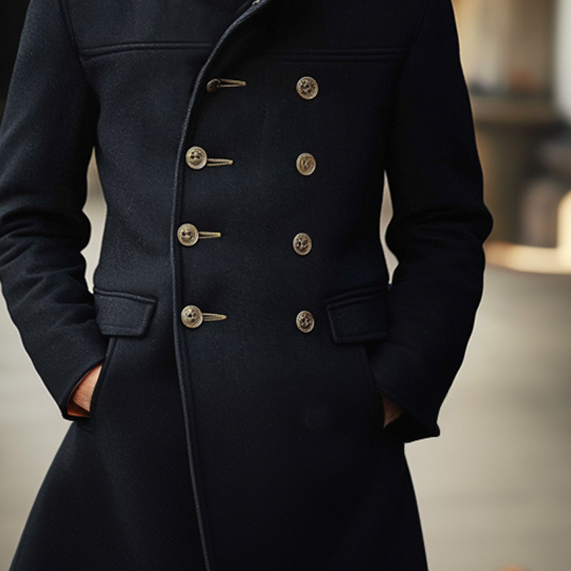 Men's Navy Double-Breasted Mid-Length Blended Coat MTA1540I4X