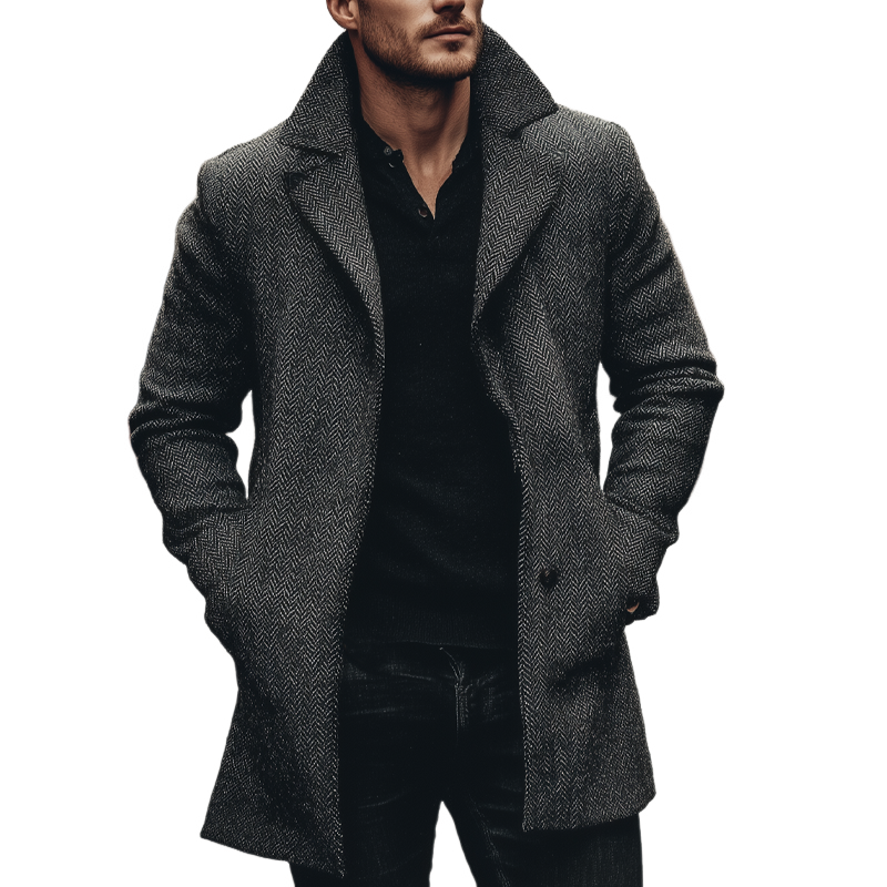 Men's Vintage Herringbone Lapel Mid-Length Coat MTA0785H9X