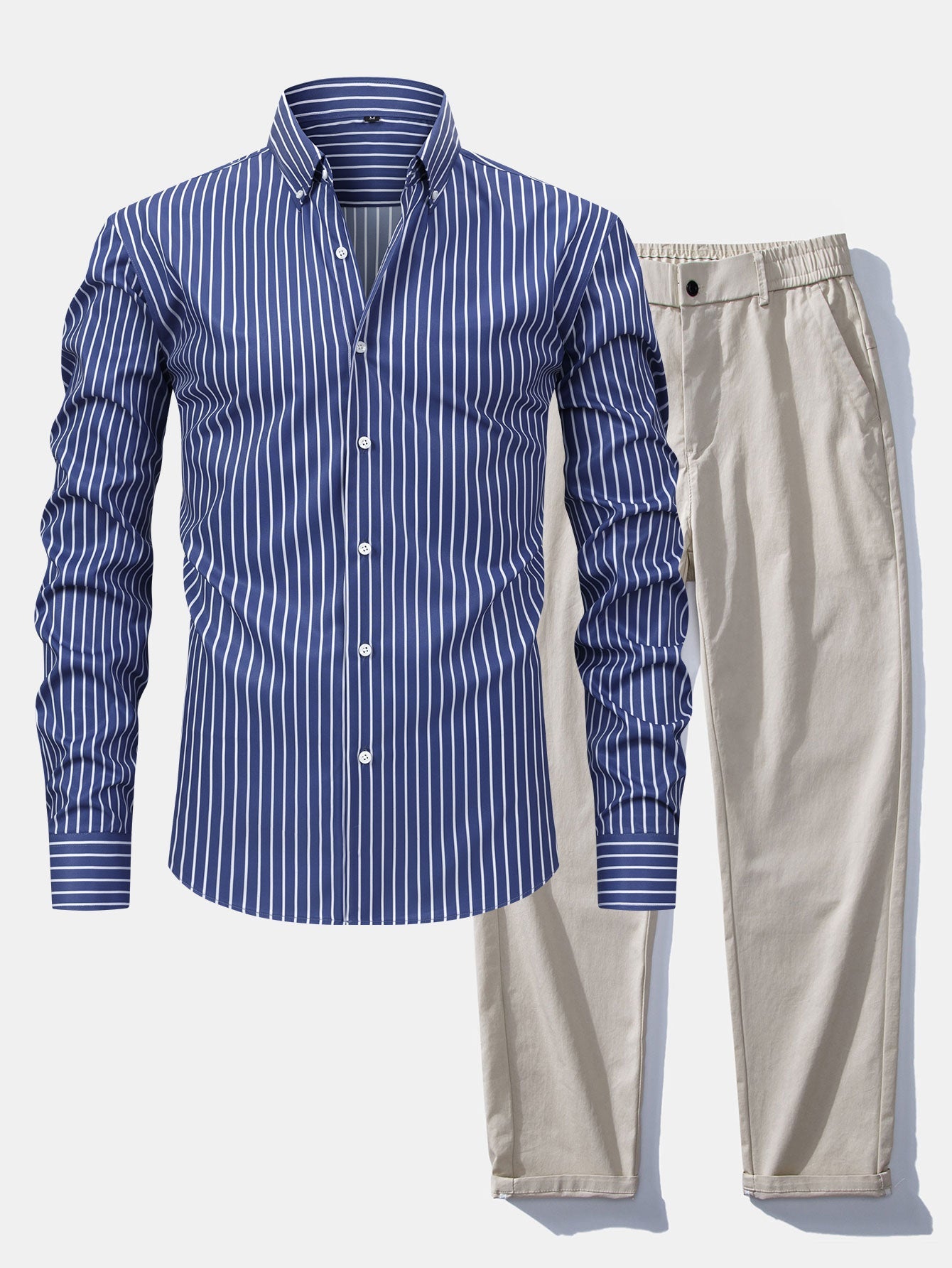 Long Sleeve Stripe Button Up Shirt & Elastic Waist Straight Leg Trousers