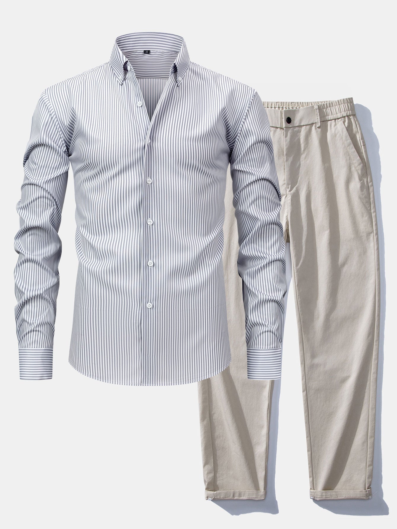Long Sleeve Stripe Button Up Shirt & Elastic Waist Straight Leg Trousers