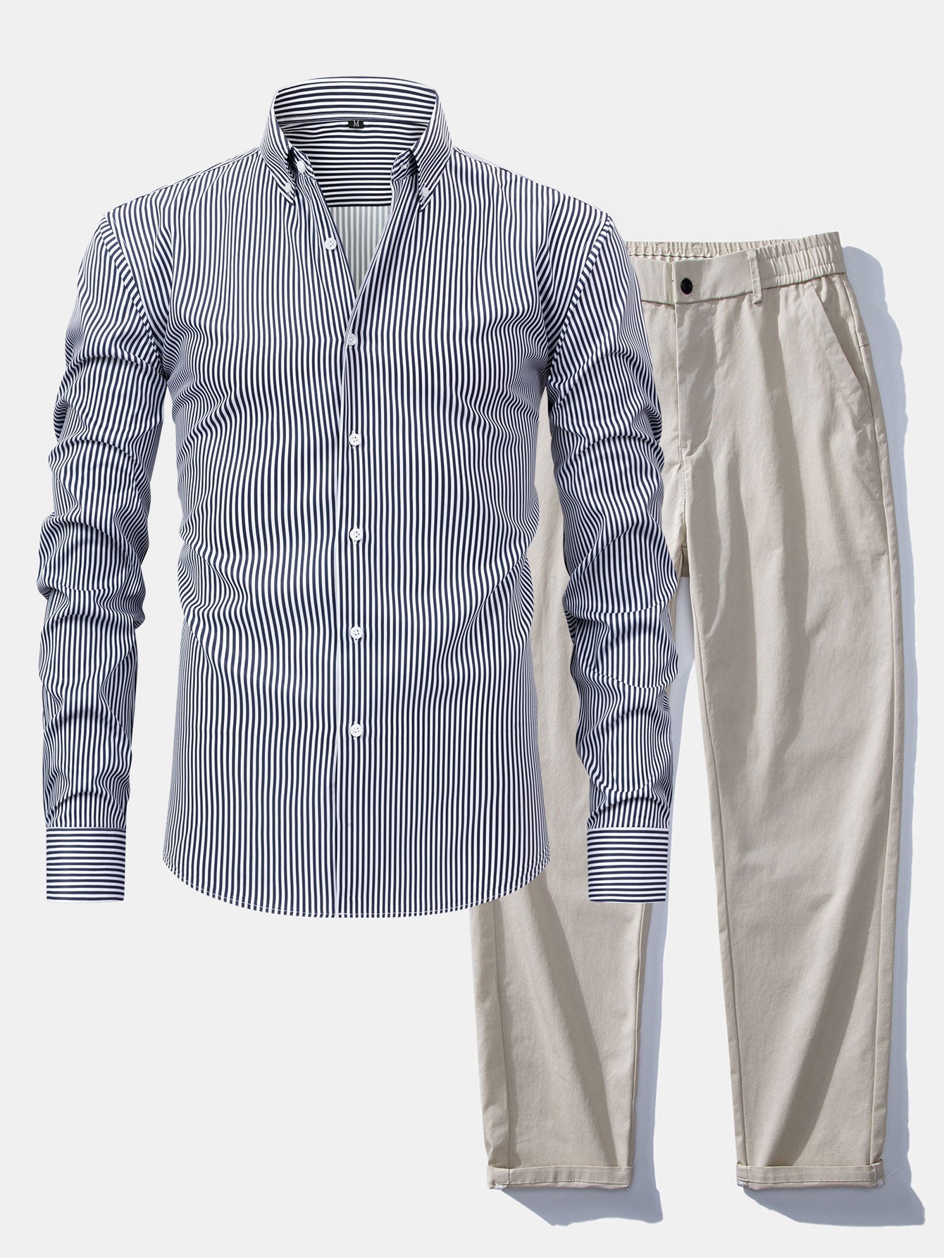 Long Sleeve Stripe Button Up Shirt & Elastic Waist Straight Leg Trousers