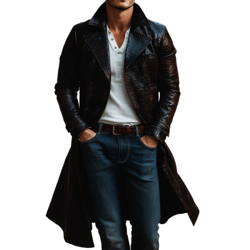 Men's Fashion Vintage Crocodile Pattern PU Notch Lapel Double-Breasted Slim Knee-Length Coat MTA2104H4M