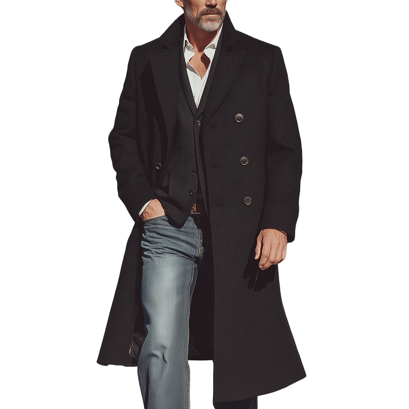 Men's Retro Light Business Solid Color Imitation Wool Long Warm Coat MTA1161I8P