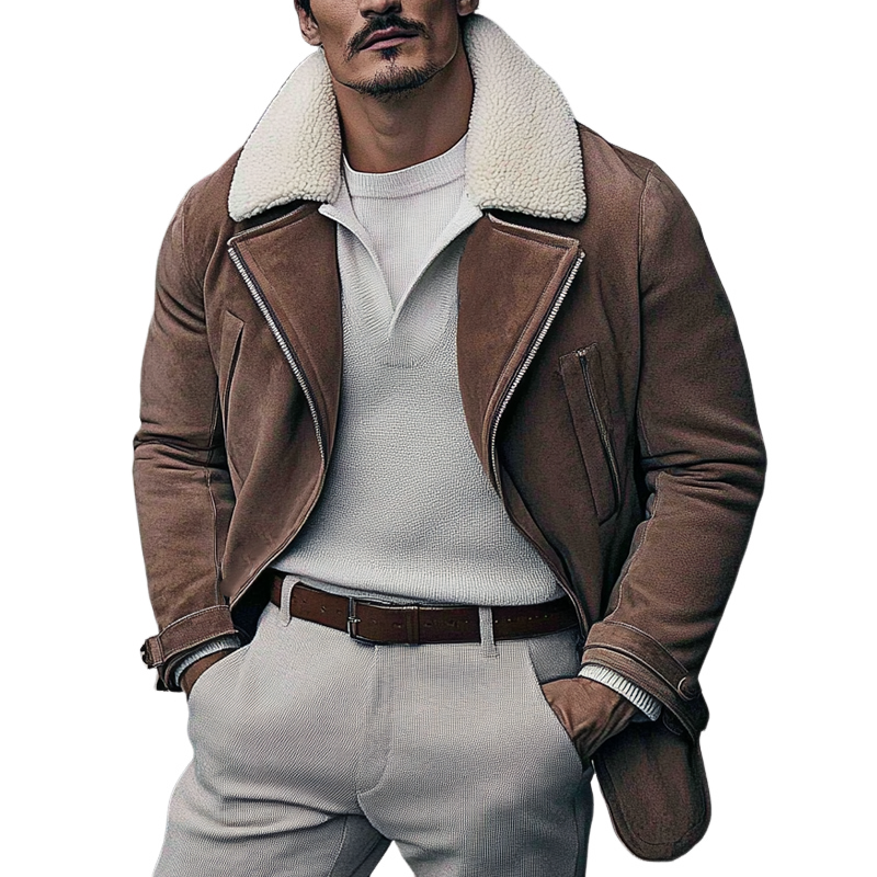 Men's Vintage Polar Fleece And Faux Suede Lapel Mid-Length Coat MTA0172I2X