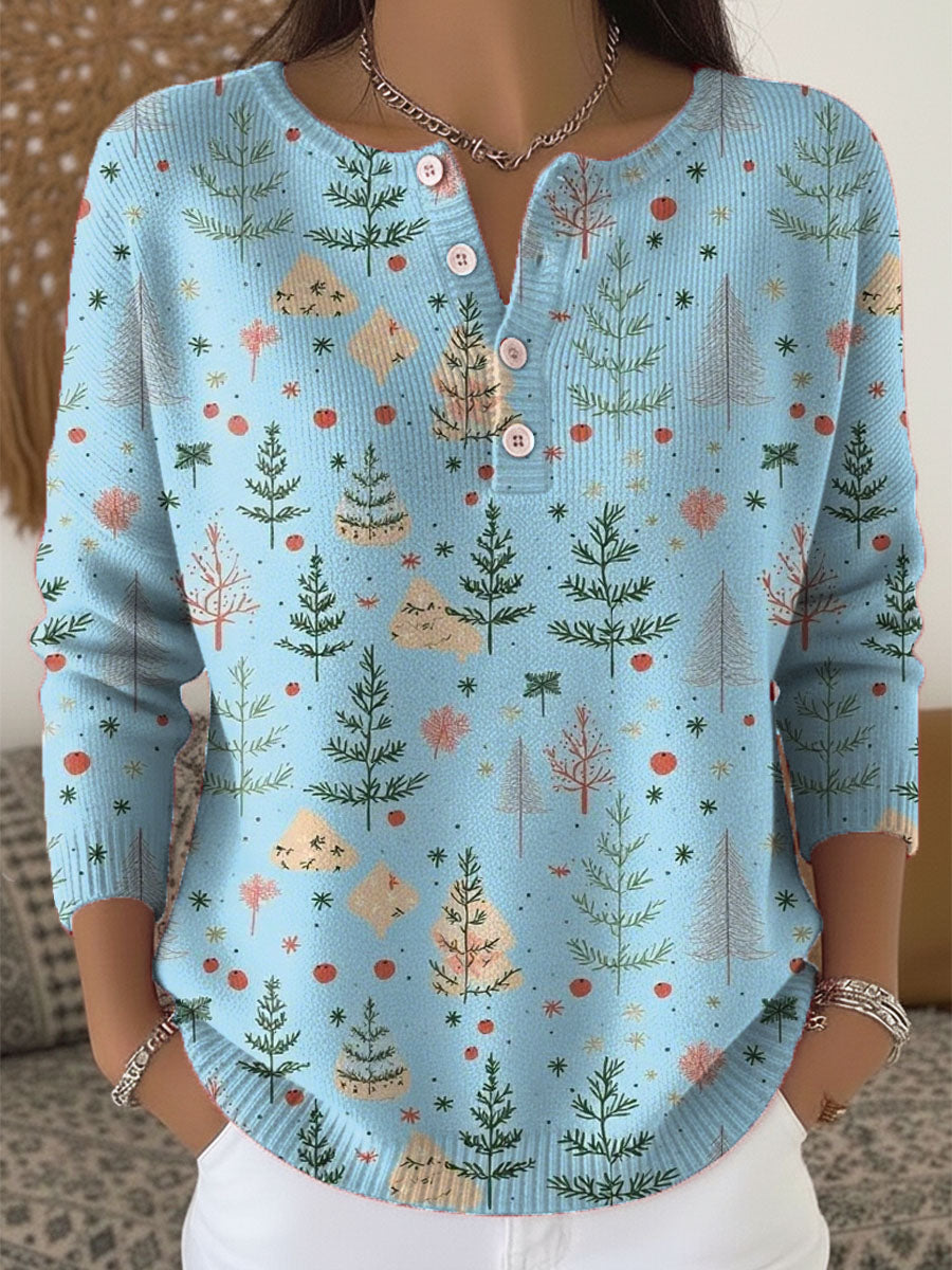 Women's Christmas Tree Art Print Buttoned Cardigan Sweater