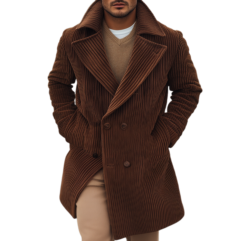 Men's Retro Solid Color Striped Lapel Mid-Length Coat MTA0166I4X