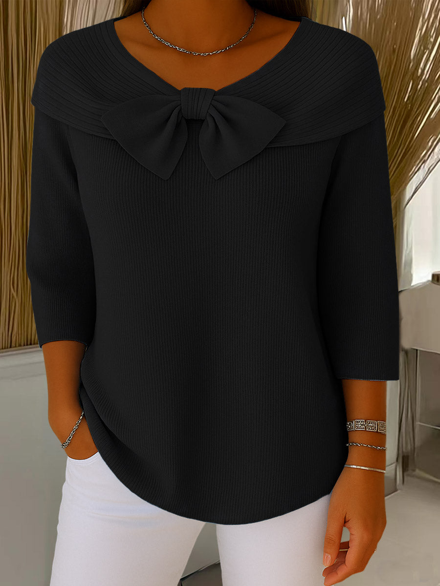 Women's Solid Color Round Neck 3/4 Sleeve Bow Casual Knit Pullover