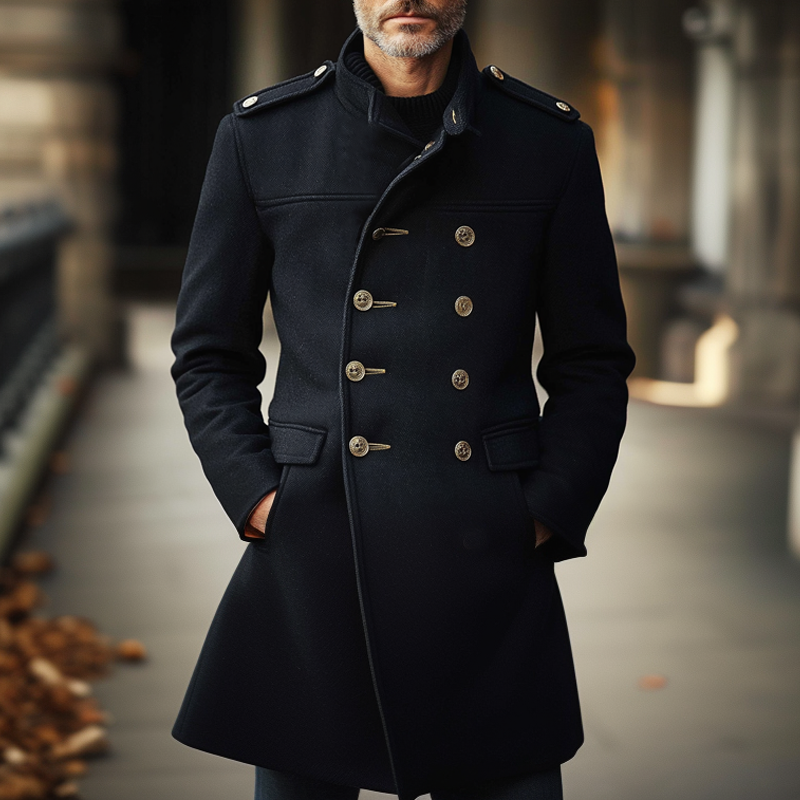 Men's Navy Double-Breasted Mid-Length Blended Coat MTA1540I4X
