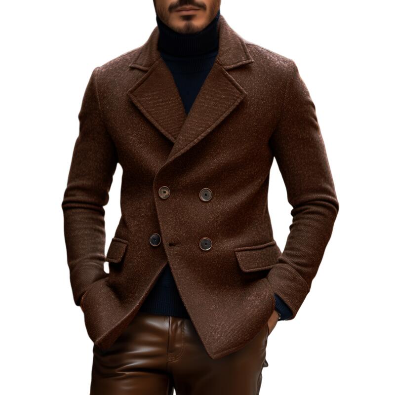 Men's Vintage Solid Color Twill Wool Blend Notch Lapel Double-breasted Slim Fit Warm Peacoat MTA2165H8M