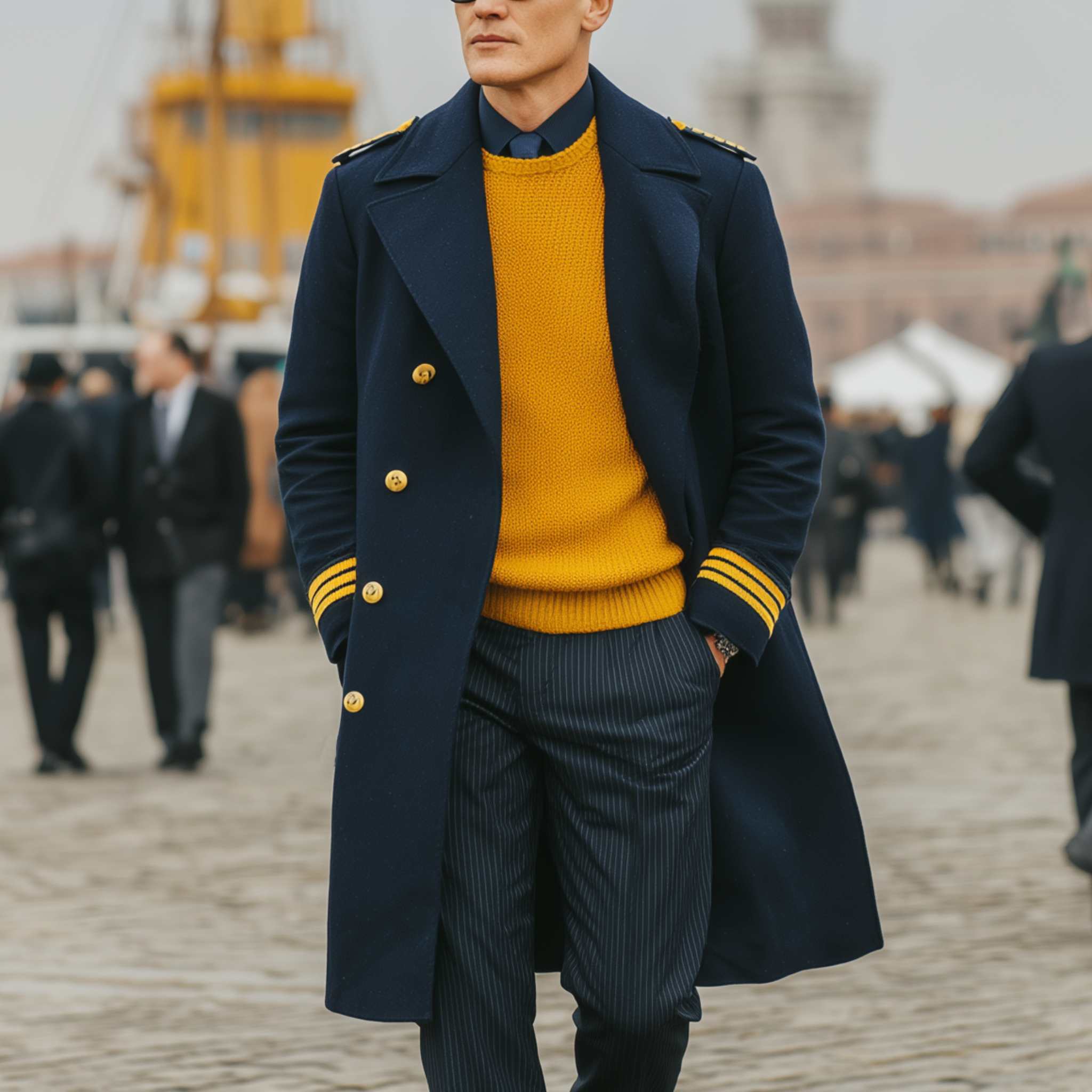 Men's Classic Retro Lapel Navy Blue Epaulette Wool Double-breasted Knee-length Coat MTA1659I7K